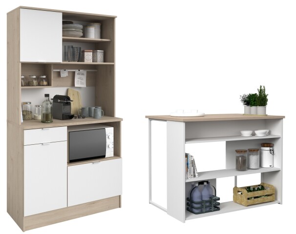 Küchenbar >Socool 1< (Set mit Buffet und Insel) in Weiss / Jackson Eiche