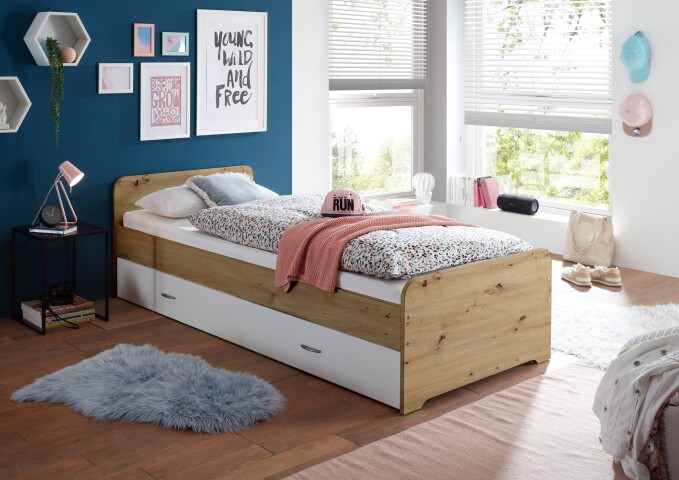 DUPLO Moderne Tandemliege mit zwei Liegeflächen 90 x 200 cm - Praktisches Jugendzimmer Kojenbett in Artisan Eiche Optik, Weiß - 97 x 67 x 206 cm (B/H/T)