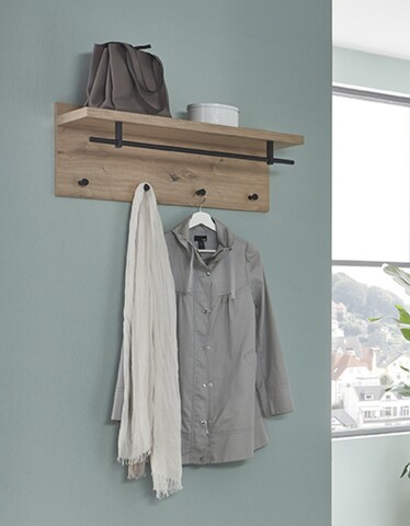 Wandgarderobe >37444< in eiche, schwarz, MDF, Metall - 75x30x26cm (BxHxT)