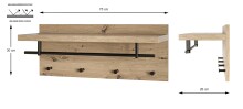 Wandgarderobe >37444< in eiche, schwarz, MDF, Metall - 75x30x26cm (BxHxT)