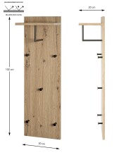 Wandgarderobe >37448< in eiche, schwarz, MDF, Metall - 30x100x20cm (BxHxT)