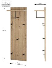 Wandgarderobe >37448< in eiche, schwarz, MDF, Metall - 30x100x20cm (BxHxT)