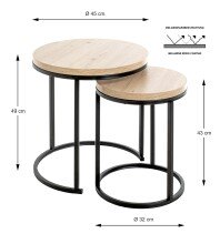 Beistelltisch >47487< (2er Set) in eiche, schwarz, MDF, Metall - 43x32cm (HxD)