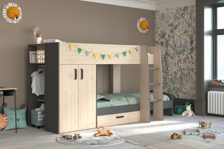 Hochbett >Stim 2< in Eiche / Grau - 280x142x119cm (LxHxT)