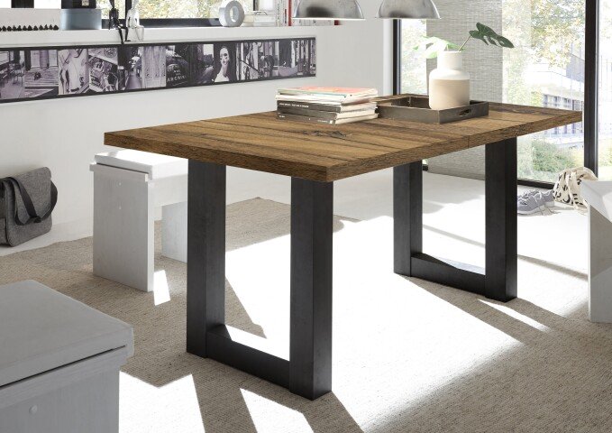 Kulissen-Esstisch >Big System< in schwarzstahl / plankeneiche