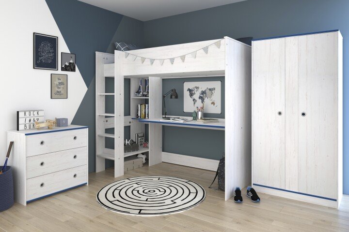 Jugendzimmer-Set >Smoozy 28a Blau< in Kiefer Weiss (Nachbildung)