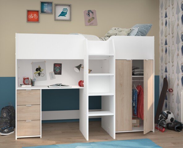 Hochbett >Tom 1< in Jacksen Eiche  / Weiss - 203x95x147cm (LxBxH)