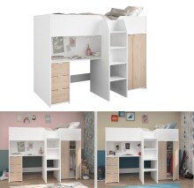 Hochbett >Tom 1< in Jacksen Eiche  / Weiss - 203x95x147cm (LxBxH)