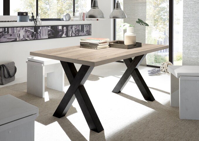 Esstisch >Big System< in schwarzstahl / eiche sägerau - 140x75x90cm (BxHxT)