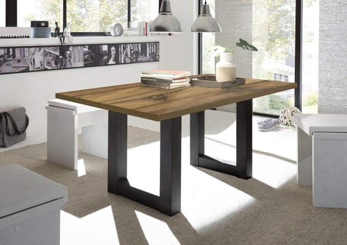 Esstisch >Big System< in schwarzstahl / plankeneiche - 200x75x100cm (BxHxT)