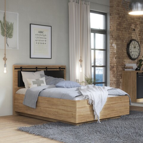 Bett >Kaszimiro< in Waterford Eiche/ Schwarz - 149,4x108,7x198,3cm (BxHxT)