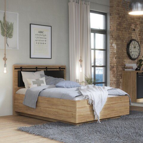 Bett >Kaszimiro< in Waterford Eiche/ Schwarz - 149,4x108,7x198,3cm (BxHxT)