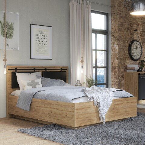 Bett >Kaszimiro< in Waterford Eiche / Schwarz - 169,4x108,7x208,3cm (BxHxT)