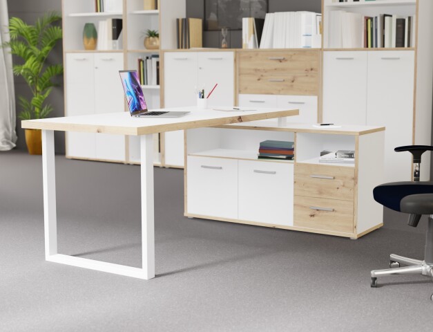 Schreibtisch >Keflavik< in Weiß/ Artisan Eiche  - 124,2x74,1x181cm (BxHxT)