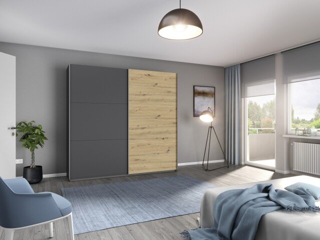 Schwebetürenschrank >Aurelia< in grau-metallic/ Eiche Artisan Dekor, B/H/T: 218/210/59 cm