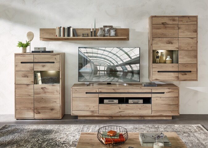 Wohnwand >Bellano< in Viking Oak Dekor, MDF, Spannplatte - 346x202x44cm (BxHxT)