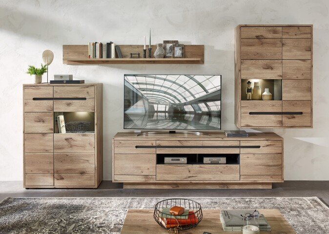 Wohnwand >Bellano< in Viking Oak Dekor, MDF, Spannplatte - 346x202x44cm (BxHxT)