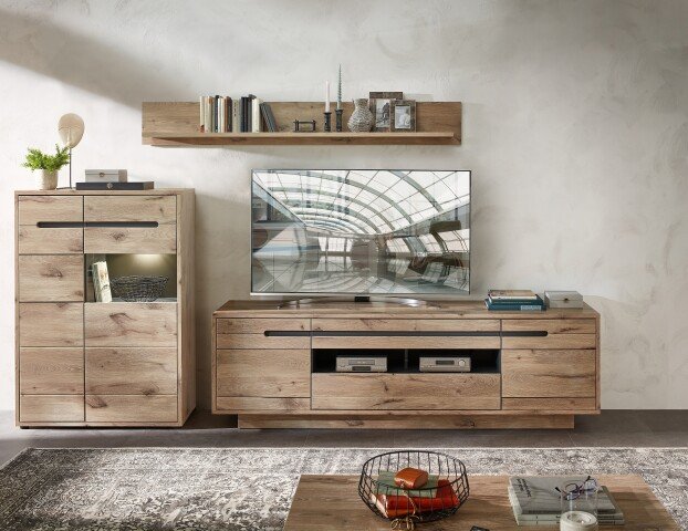 Wohnwand >Bellano< in Viking Oak Dekor, MDF, Spannplatte - 309x185x44cm (BxHxT)