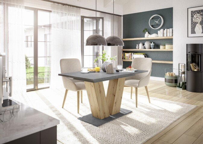 Säulen-Esstisch >Teo< (ausziehbar bis 180cm) in asteiche / graphit  - 140/180x76x80cm (BxHxT)