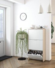 Schuhkipper >Shoe cabinet< in Eiche/Weiß Hochglanz - 60x113x22 (BxHxT)