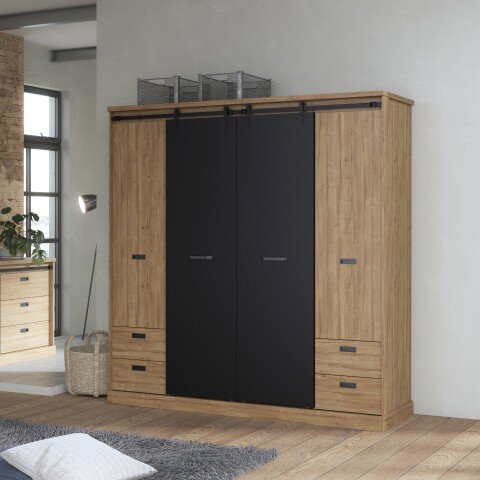 Kleiderschrank >KASZIMIRO< in Waterford Eiche /Schwarz  - 203,2x208,4x61 (BxHxT)