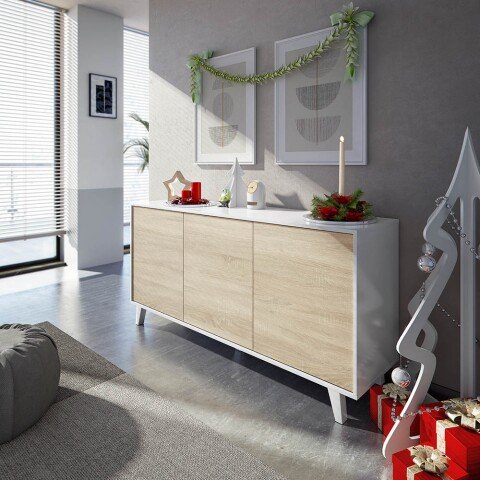 Kommode >Zaiken Plus< in weiß glänzend/Kanada-Eiche - 154x75x41 (BxHxT)