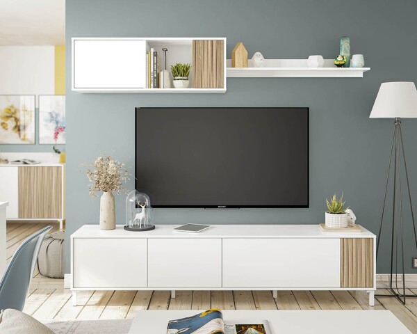 TV-Wand >Ethna< in Artik-Weiß / Natur - 200x47x40 (BxHxT)