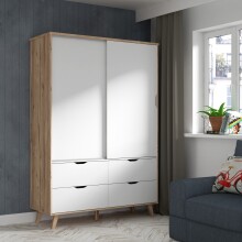 Kleiderschrank >VANKKA< in Planked Eiche, Weiss  -...