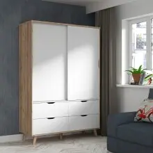 Kleiderschrank >VANKKA< in Planked Eiche, Weiss  -...