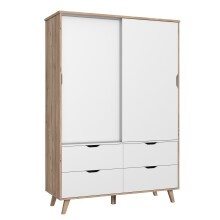 Kleiderschrank >VANKKA< in Planked Eiche, Weiss  - 139,4x201,5x52,7cm (BxHxT)