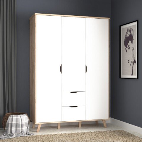 Kleiderschrank >VANKKA< in Planked Eiche , Weiss  - 139,4x201,5x52,7cm (BxHxT)
