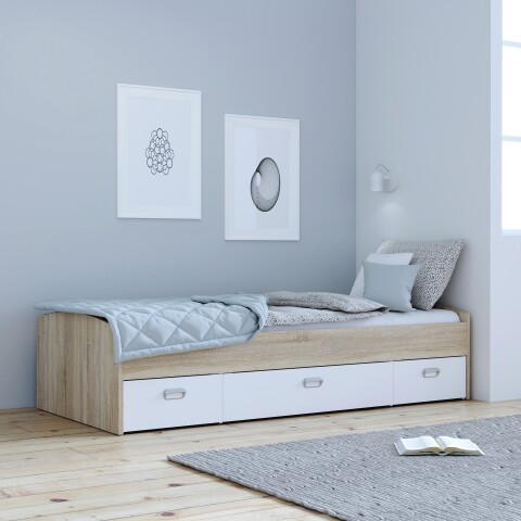 Einzelbett >MIA< in Sonoma Eiche , Weiss  - 94x50x203,5cm (BxHxT)