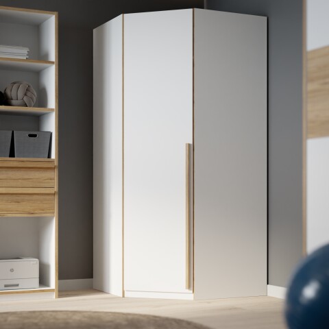 Eckkleiderschrank >SMARTROOM< in Weiss / Catania Eiche  - 94,1x215x94,1 (BxHxT)