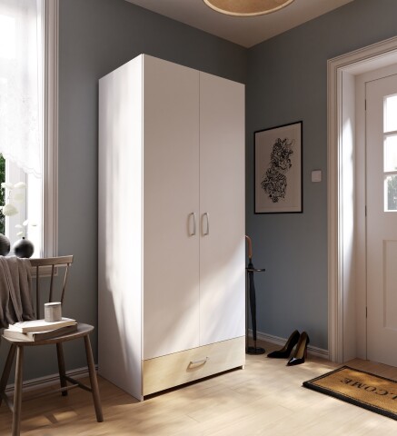 Kleiderschrank >ECONOBOX< in Weiss / Puccini Eiche  - 79,7x190,5x54,4cm (BxHxT)