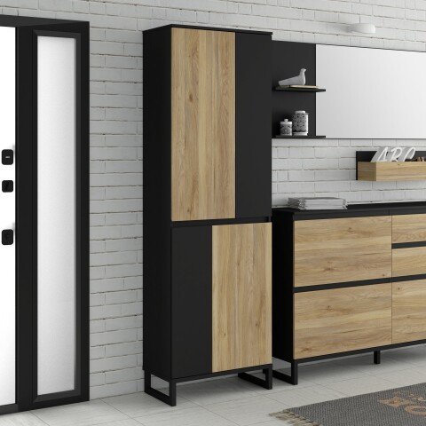 Drehtürenschrank >QUAYLE< in Mauvella Eiche, Schwarz - 65,1x201,7x34,1cm (BxHxT)