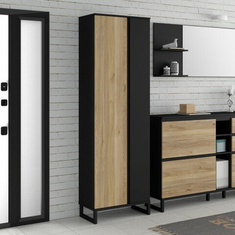 Kleiderschrank >QUAYLE< in Mauvella Eiche , Schwarz - 65,1x201,7x34,1cm (BxHxT)
