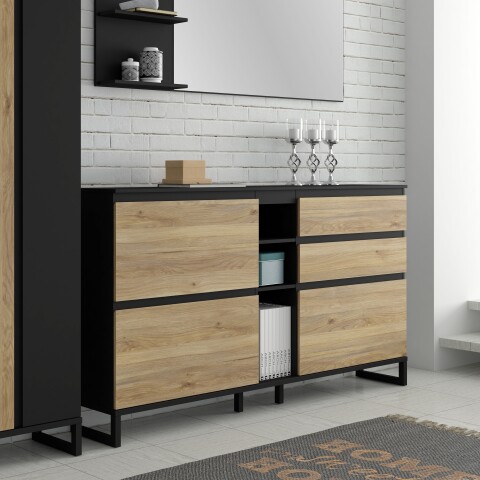 Schuhkommode >QUAYLE< in Mauvella Eiche,. Schwarz - 174,8x99,3x34,1cm (BxHxT)