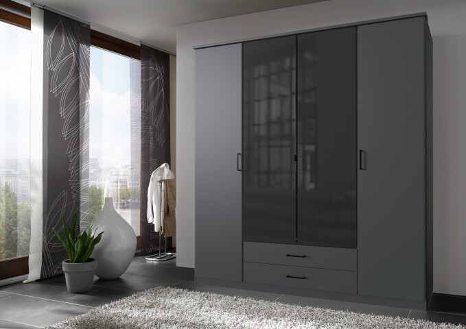 Drehtürenschrank >Soest< in GRAPHIT + GLAS SCHWARZ - 180x199x58cm (BxHxT)