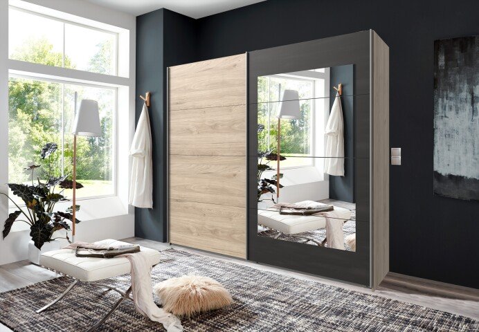 Schwebetürenschrank >Minden< in HICKORY OAK DEKOR / STEEL - 225x208x65cm B/H/T