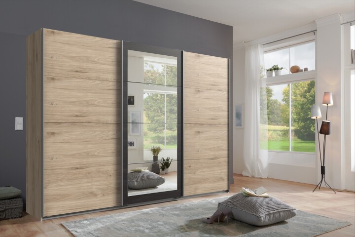 Schwebetürenschrank >Minden< in HICKORY OAK DEKOR / STEEL - 270x208x65cm (B/H/T)