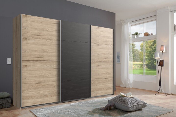 Schwebetürenschrank >Minden< in HICKORY OAK DEKOR / STEEL - 270x208x65cm B/H/T