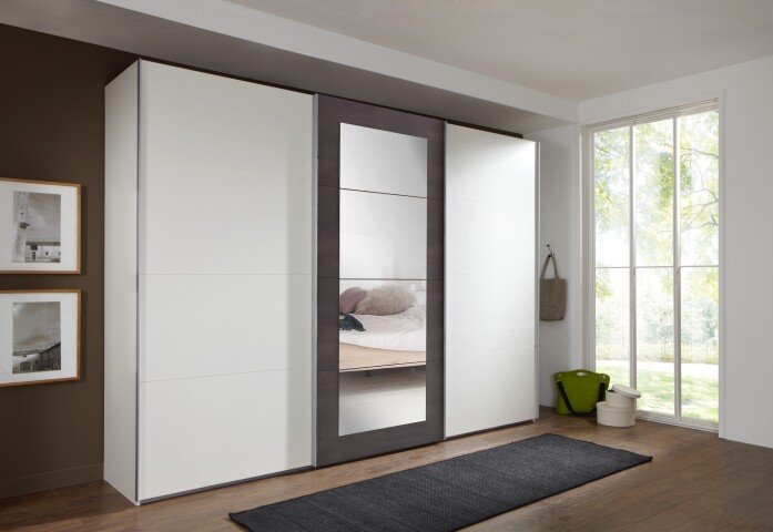 Schwebetürenschrank >Minden< in WEISS + RAW STEEL - 270x208x65cm (BxHxT)