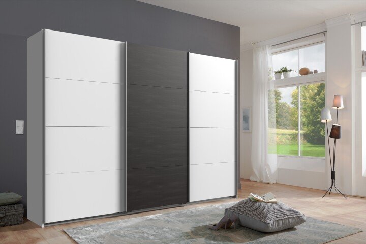 Schwebetürenschrank >Minden< in WEISS + RAW STEEL - 270x208x65cm (BxHxT)