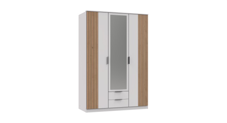 Drehtürenschrank >Rügen< in WEISS / LAMELLEN ARTISAN DEKOR - 135x199x58cm B/H/T