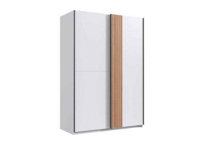 Schwebetürenschrank >Rügen< in WEISS + LAMELLEN ARTISAN DEKOR - 135x198x6cm B/H/T