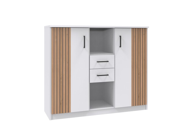 Highboard >Rügen< in WEISS + AKUSTIKLAMELLEN ARTISAN NB - 122x105x40cm (BxHxT)