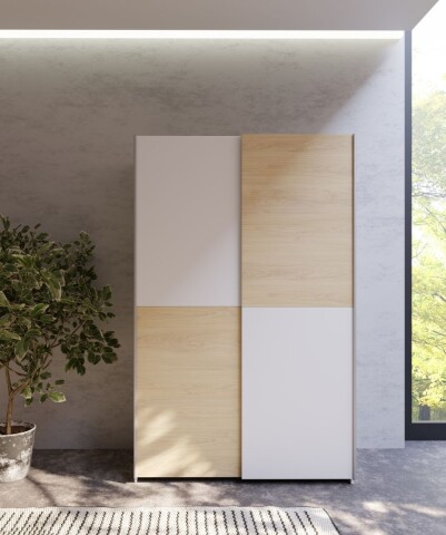 Schiebetürenschrank >Schach&matt< in Weiss  / Puccini Eiche - 120,1x190,5x61,2cm B/H/T