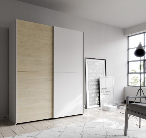 Schiebetürenschrank >Schach&matt< in Weiss  / Puccini Eiche - 150,1x190,5x61,2cm B/H/T