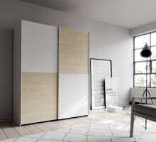 Schiebetürenschrank >Schach&matt< in Weiss  / Puccini Eiche - 150,1x190,5x61,2cm B/H/T