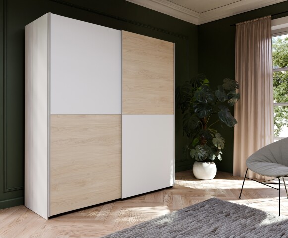 Schiebetürenschrank >Schach&matt< in Weiss  / Puccini Eiche - 170,3x190,5x61,2cm B/H/T